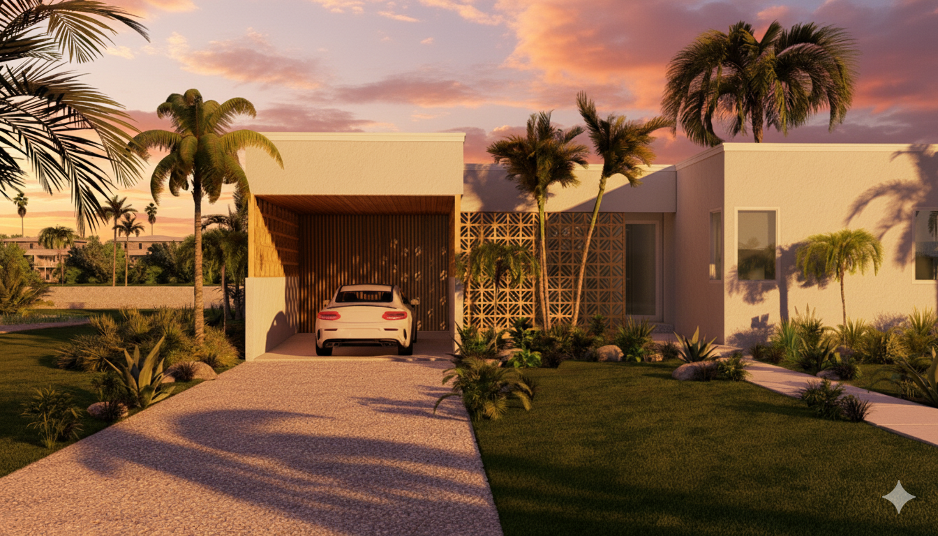 Windermere hurricane-resistant home at sunset - tropical architecture Bahamas