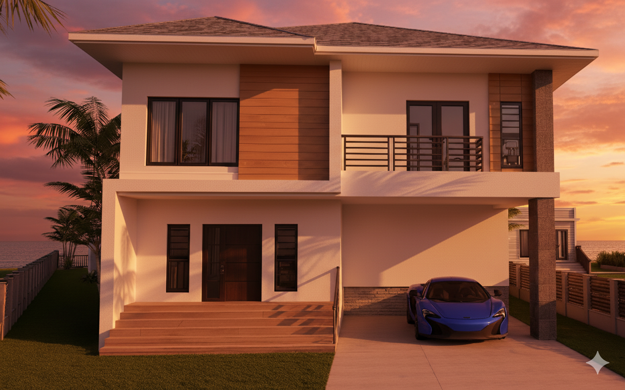 Staniad hurricane-resistant home at sunset - tropical architecture Bahamas