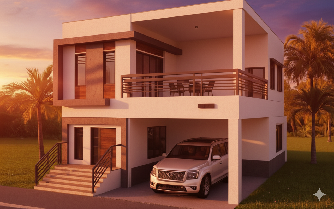 Reef hurricane-resistant home at sunset - tropical architecture Bahamas