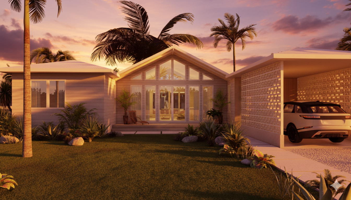 Bequia hurricane-resistant home at sunset - tropical architecture Bahamas