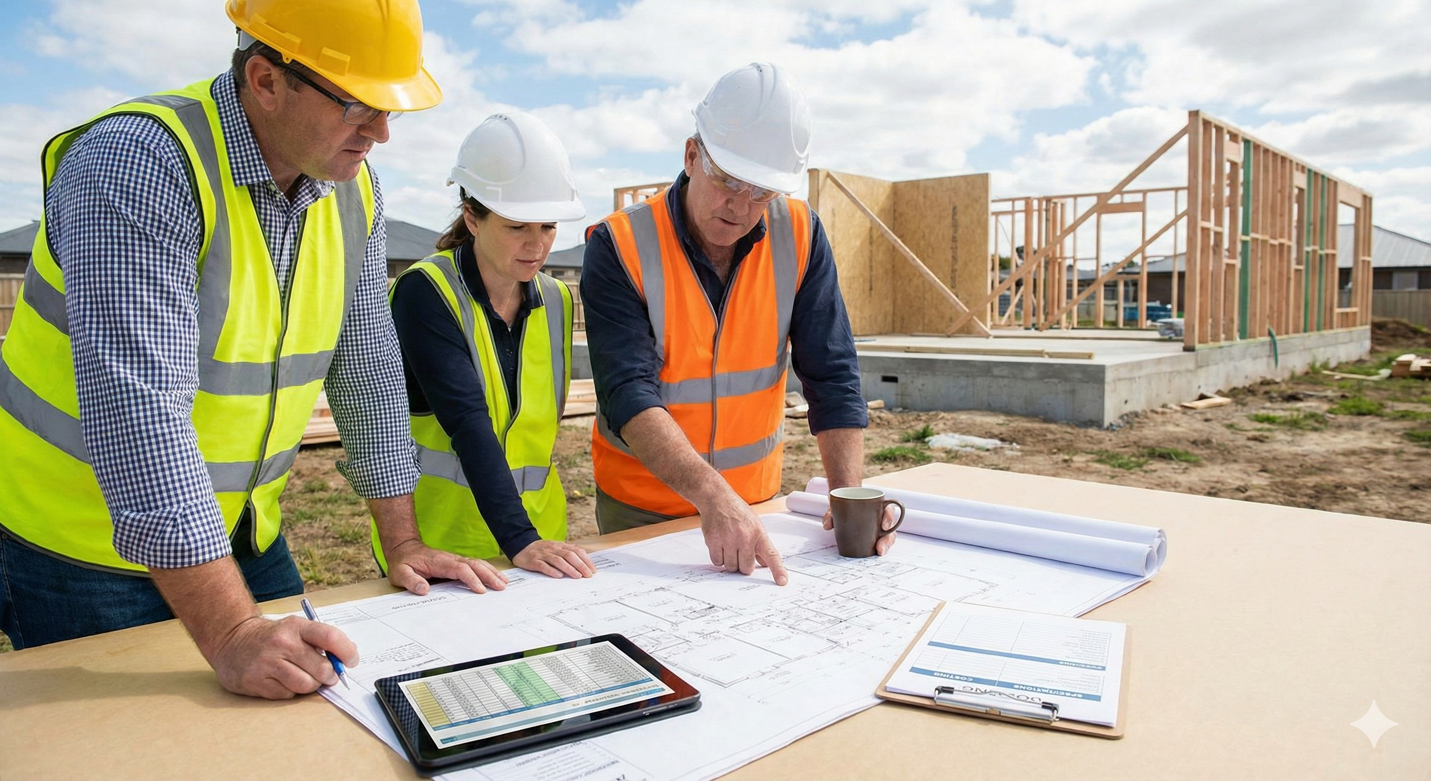 Construction team planning with blueprints