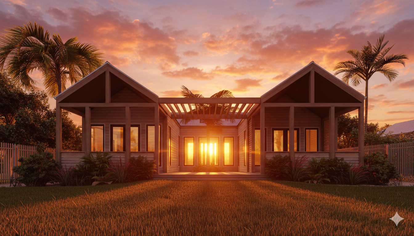 Barbuda hurricane-resistant home at sunset - tropical architecture Bahamas