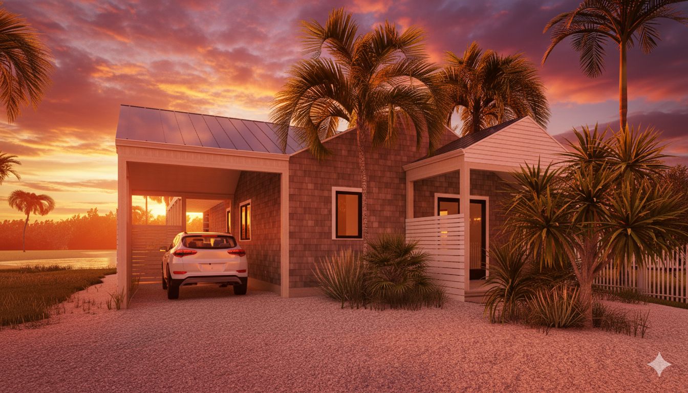 Savana hurricane-resistant home at sunset - tropical architecture Bahamas
