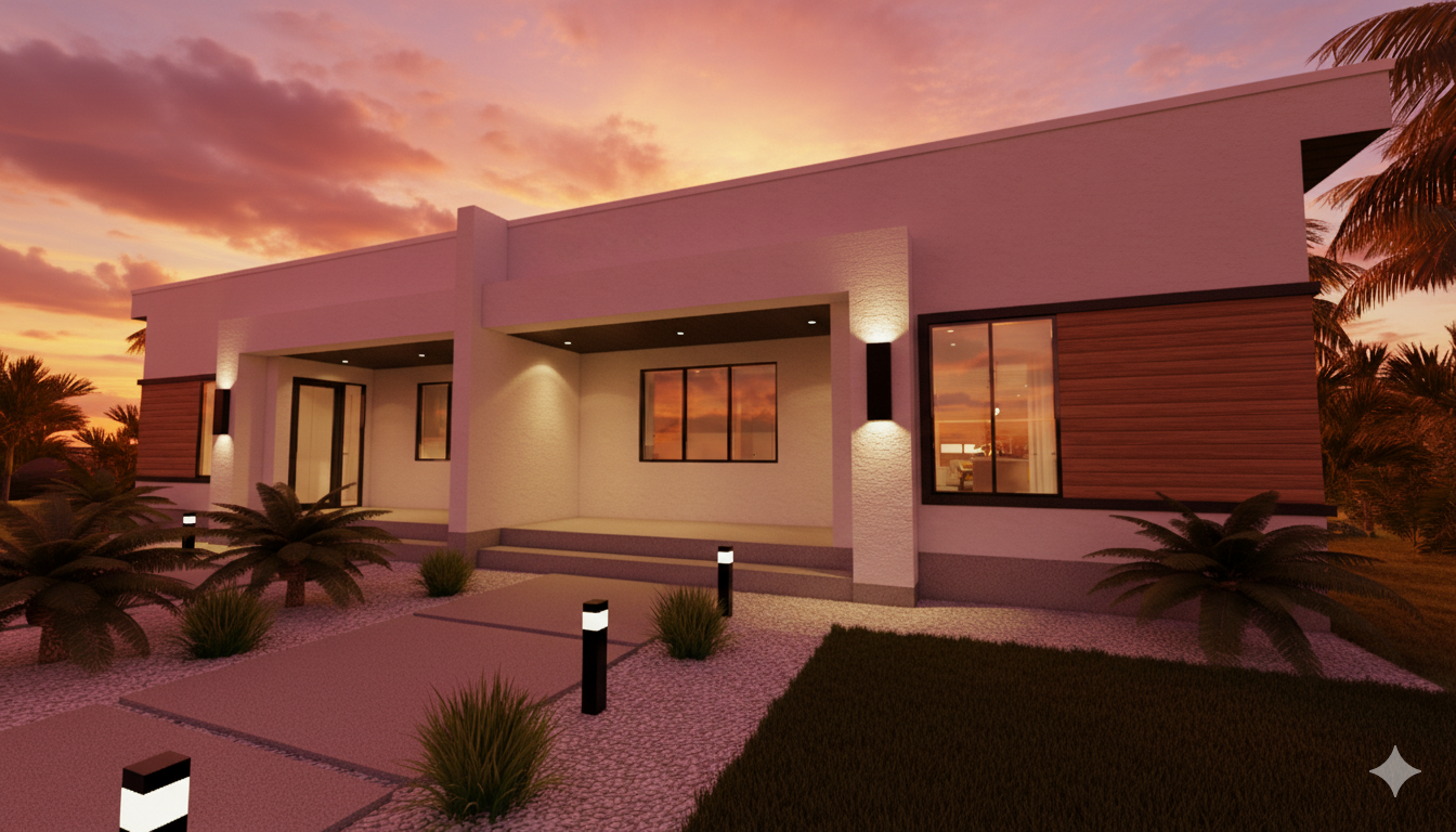 Canouan Duplex hurricane-resistant home at sunset - tropical architecture Bahamas