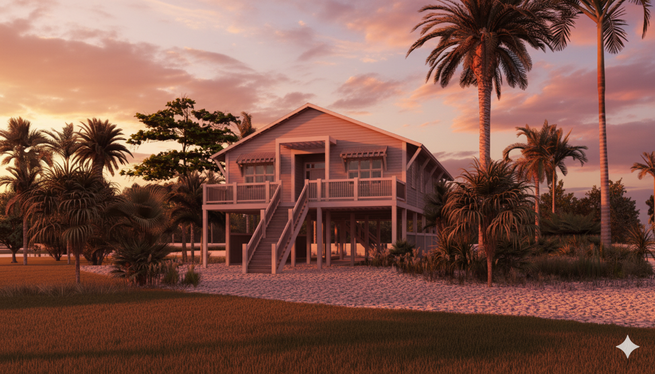 Tobago hurricane-resistant home at sunset - tropical architecture Bahamas