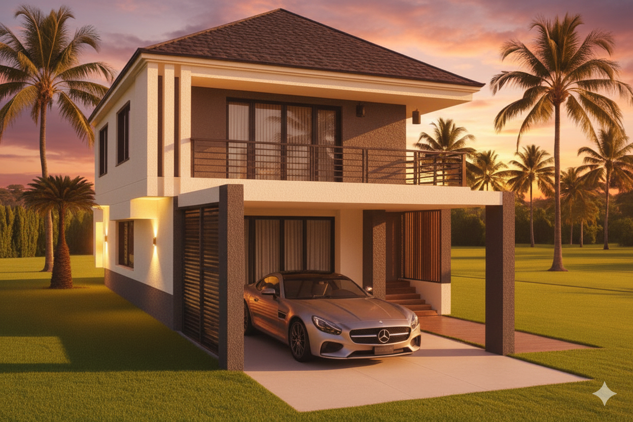 Lisbon hurricane-resistant home at sunset - tropical architecture Bahamas