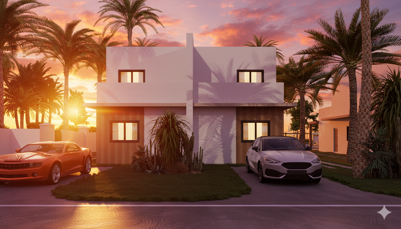 Coral Duplex hurricane-resistant home at sunset - tropical architecture Bahamas
