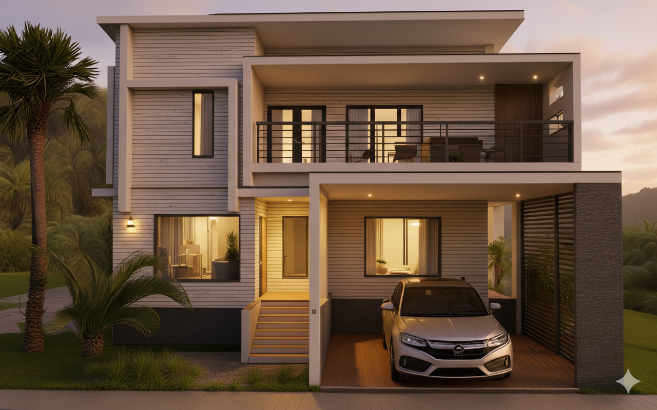 Pelican hurricane-resistant home at sunset - tropical architecture Bahamas