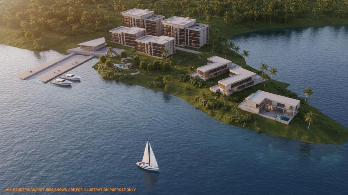 Blue Lagoon at sunset with marina and villas