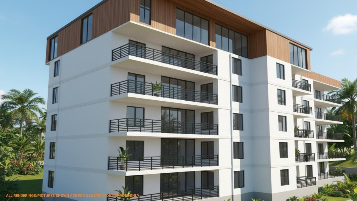 Contemporary condominium architecture with wood-grain accents