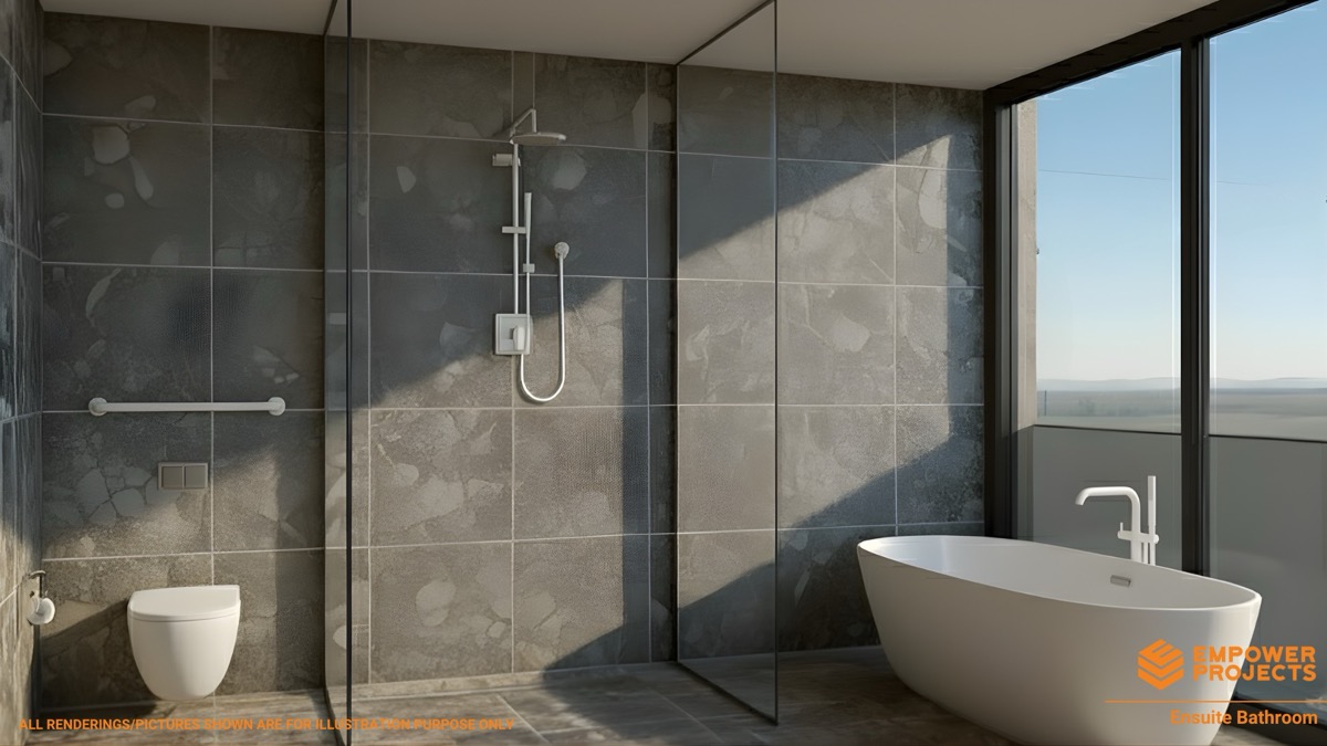 Spa-inspired ensuite with freestanding tub and water views