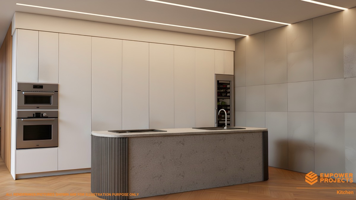 Chef-grade kitchen with handleless cabinetry and stone island