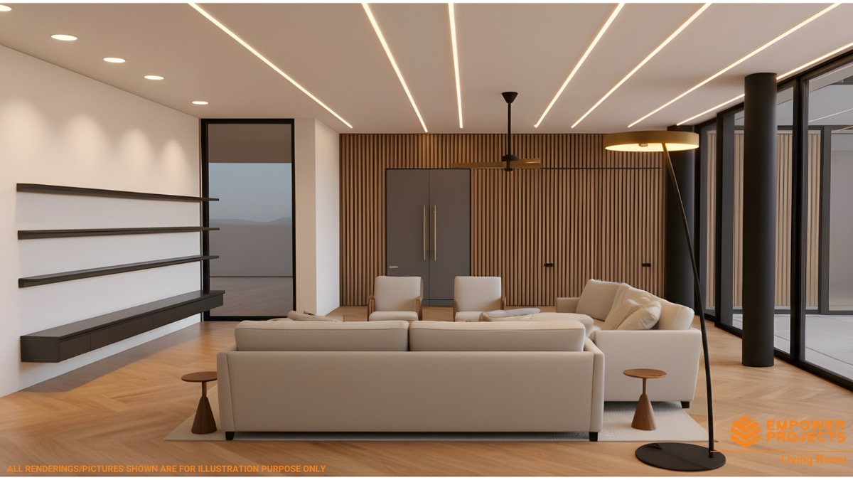 Villa living room with wood slat feature wall and LED lighting