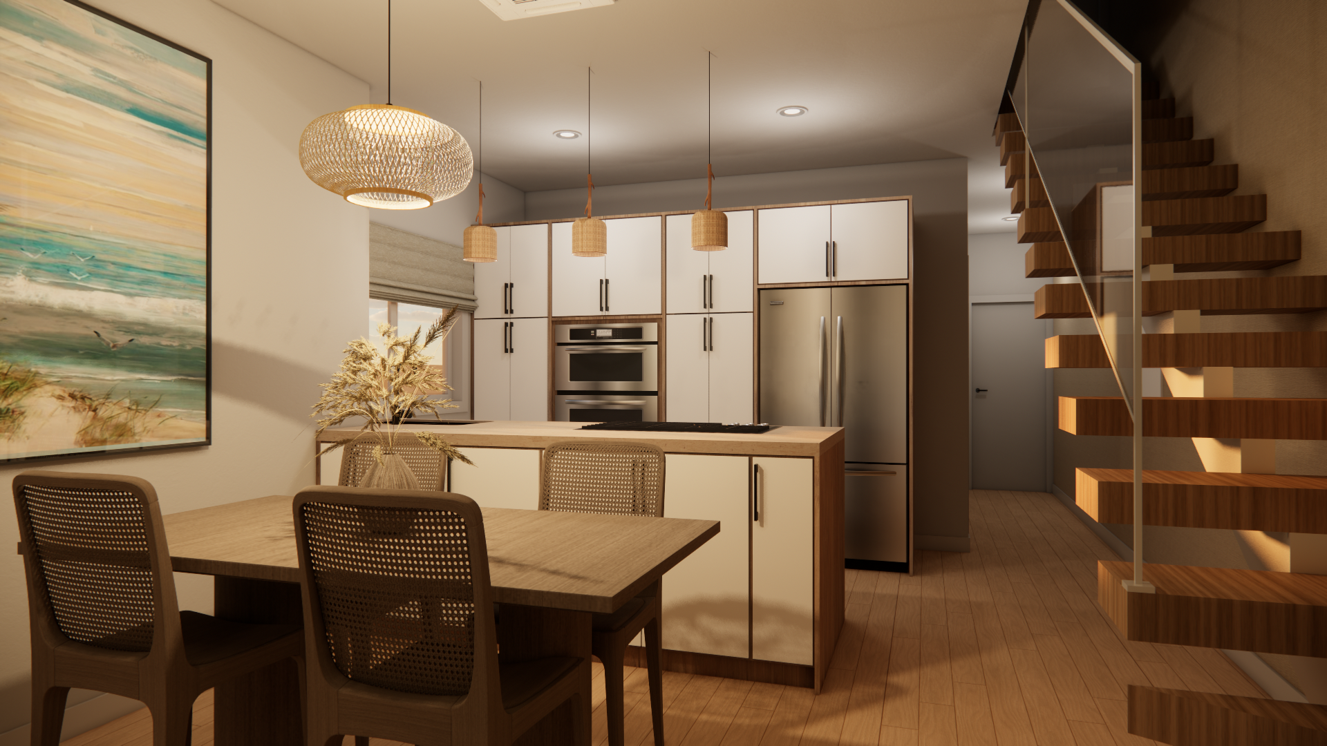 Coral duplex open-plan kitchen and dining area with wooden staircase