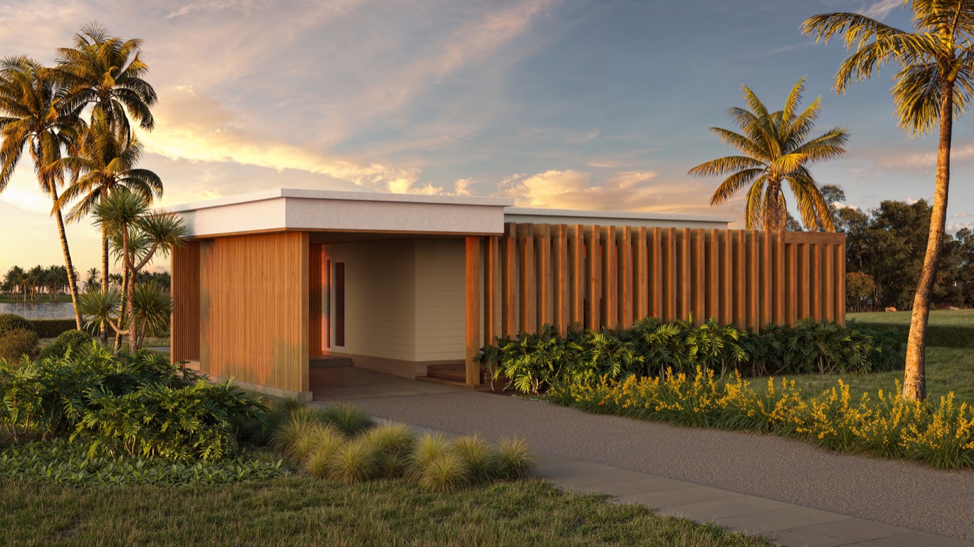 Andros hurricane-resistant home at sunset - tropical architecture Bahamas