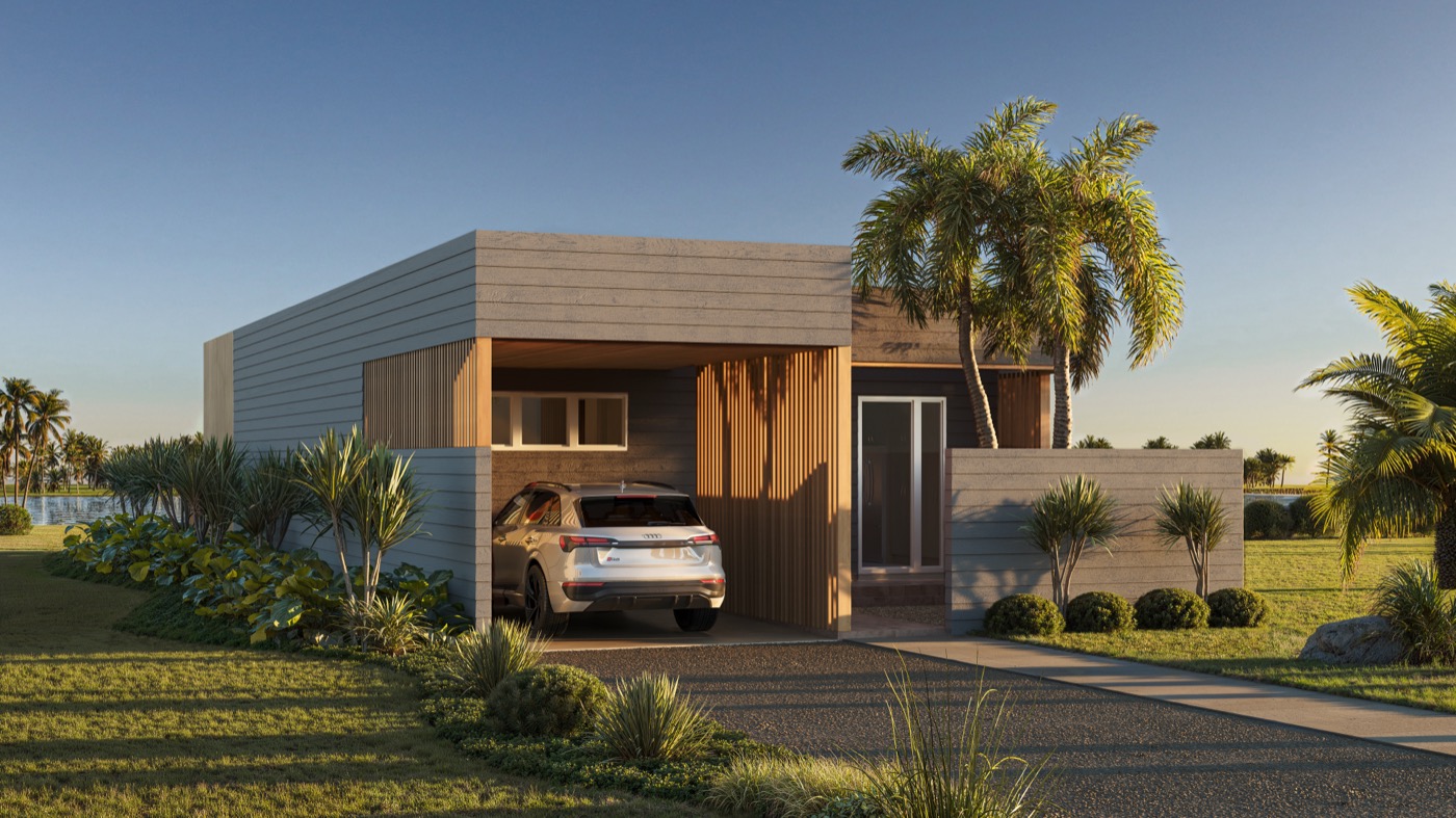 Antigua hurricane-resistant home at sunset - tropical architecture Bahamas