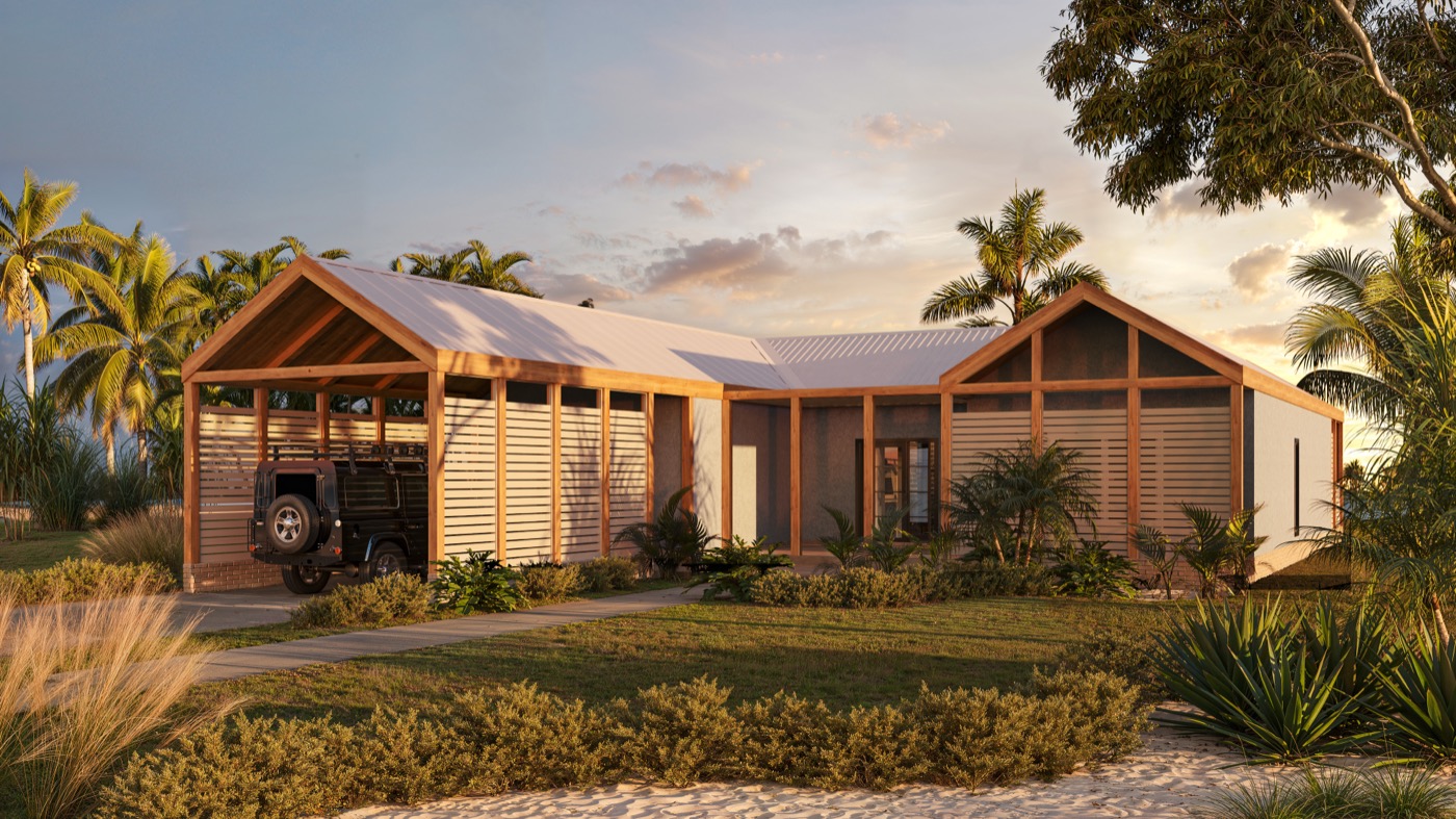 Barbuda hurricane-resistant home at sunset - tropical architecture Bahamas