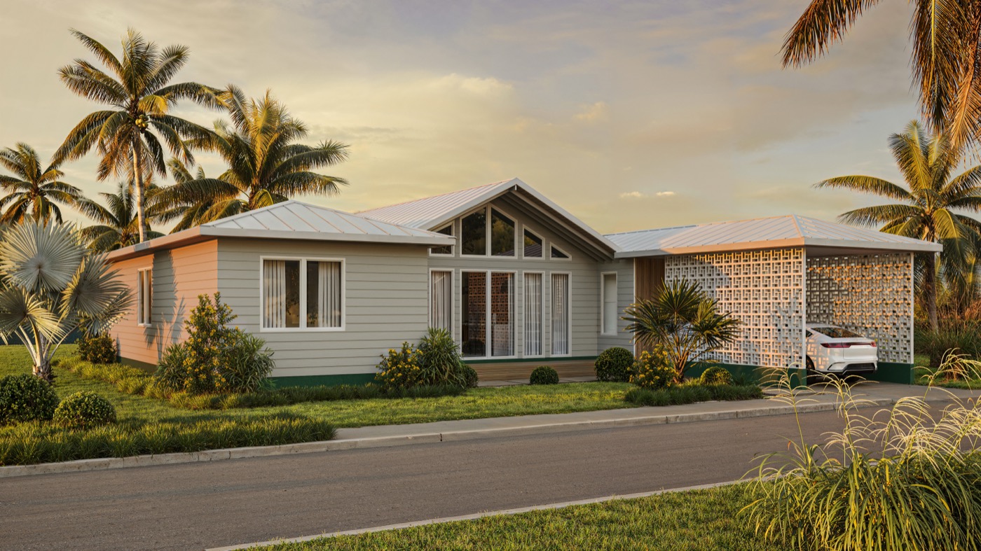Bequia hurricane-resistant home at sunset - tropical architecture Bahamas