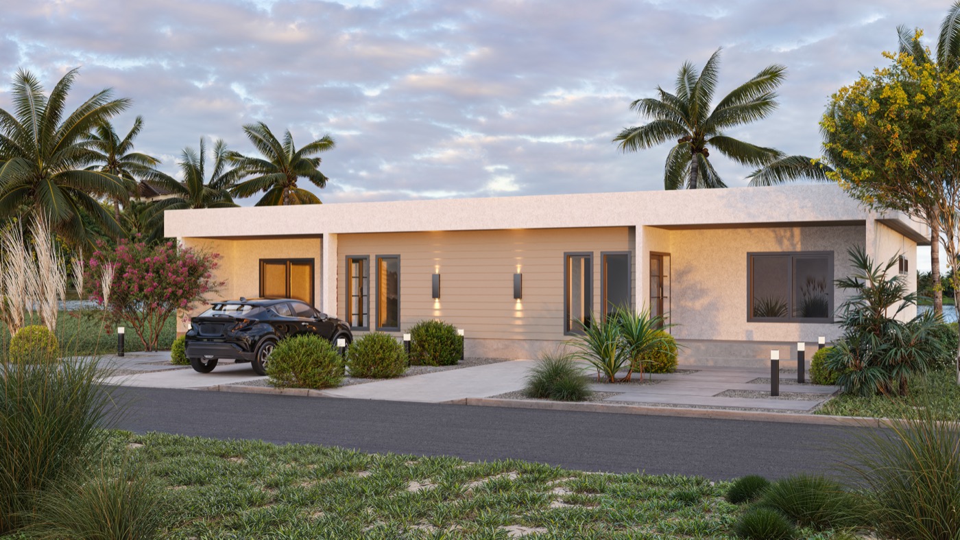 Canouan Duplex hurricane-resistant home at sunset - tropical architecture Bahamas