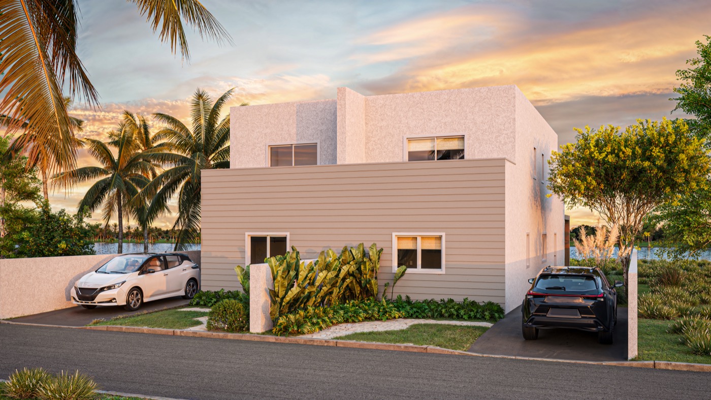 Coral Duplex hurricane-resistant home at sunset - tropical architecture Bahamas