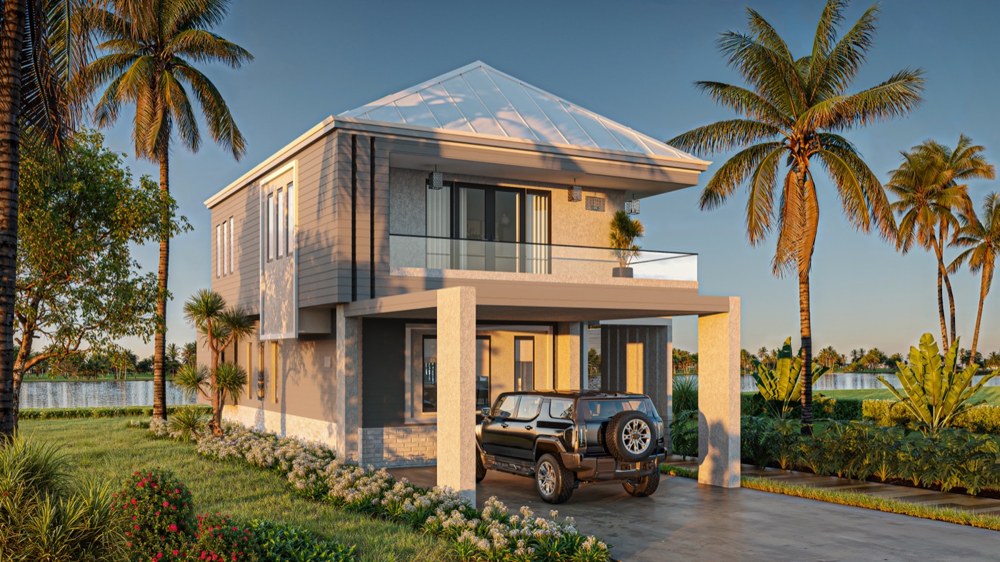 Lisbon hurricane-resistant home at sunset - tropical architecture Bahamas