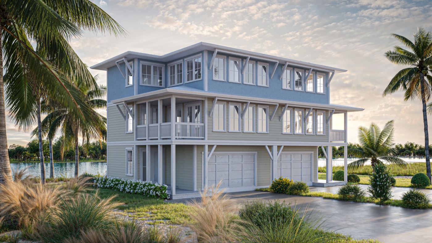 Martinique hurricane-resistant home at sunset - tropical architecture Bahamas