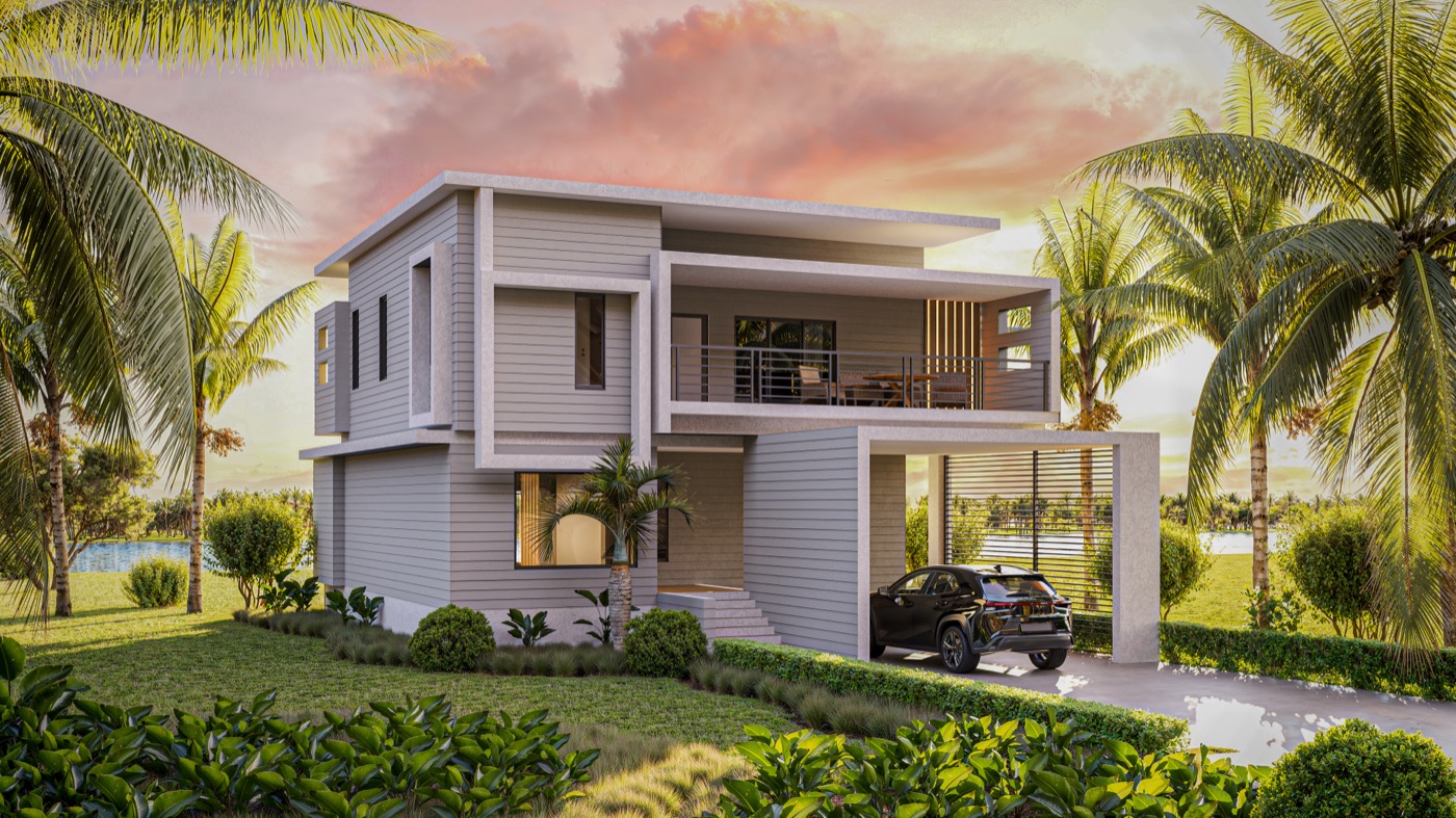 Pelican hurricane-resistant home at sunset - tropical architecture Bahamas