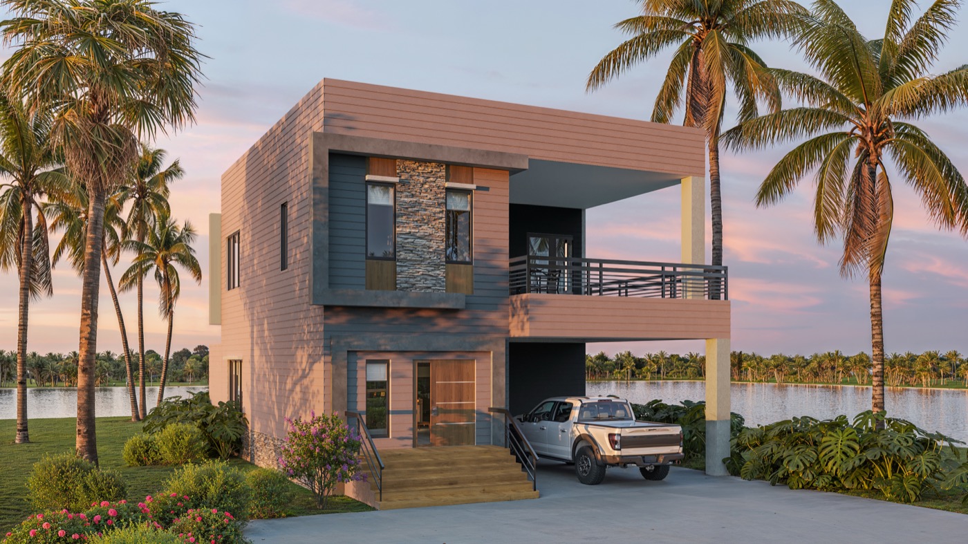 Reef hurricane-resistant home at sunset - tropical architecture Bahamas