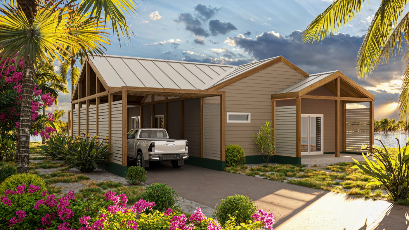 Savana hurricane-resistant home at sunset - tropical architecture Bahamas