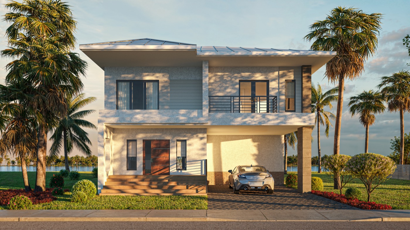 Staniad hurricane-resistant home at sunset - tropical architecture Bahamas