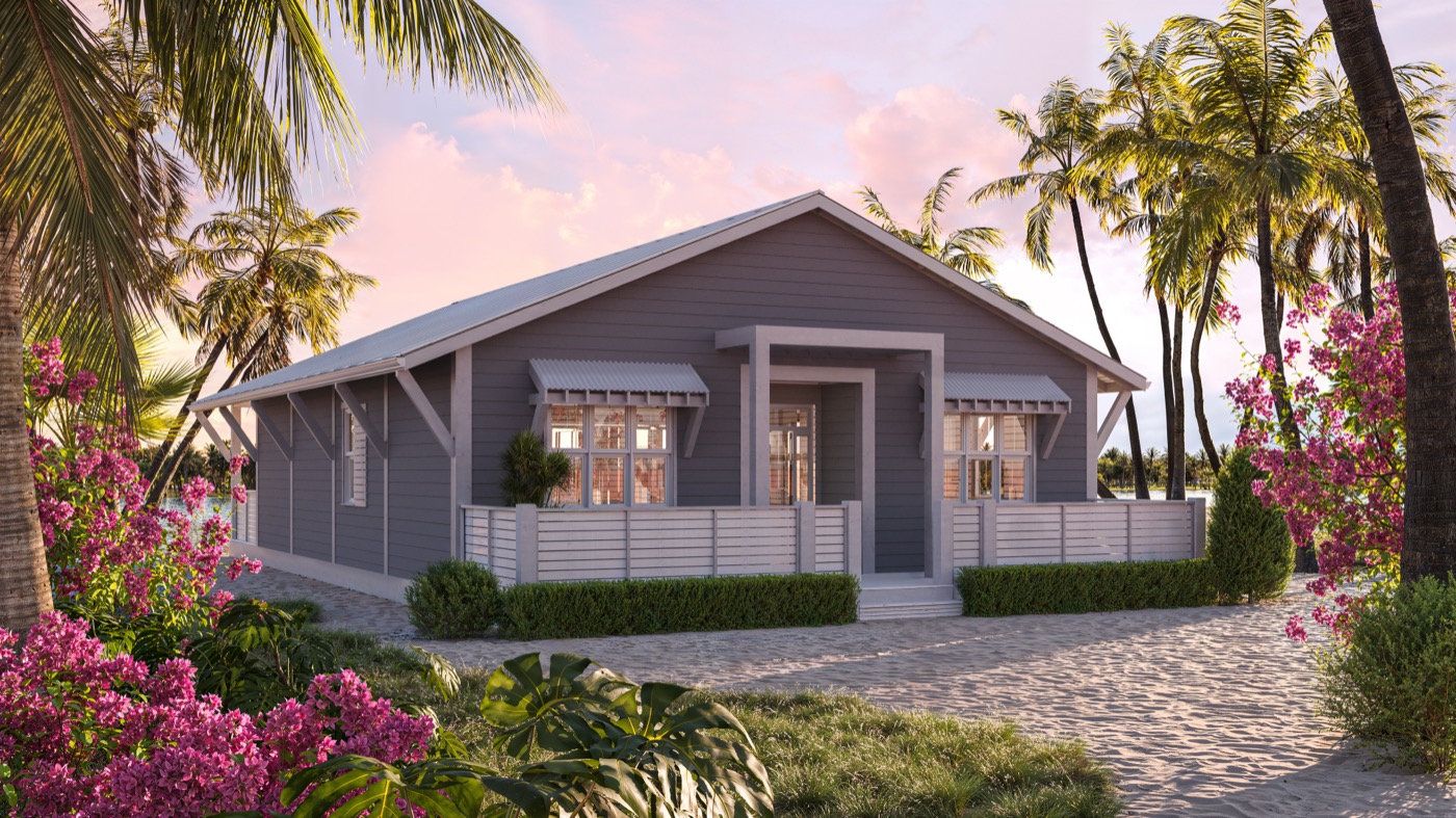 Tobago hurricane-resistant home at sunset - tropical architecture Bahamas