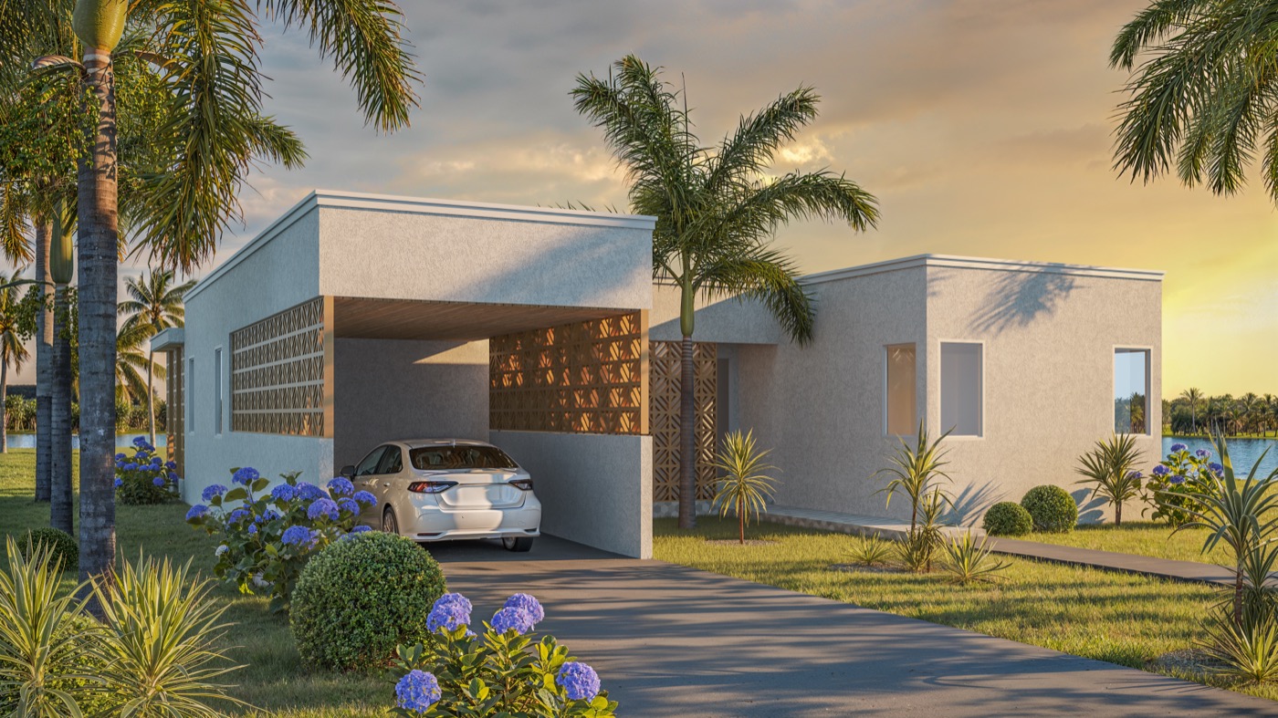 Windermere hurricane-resistant home at sunset - tropical architecture Bahamas