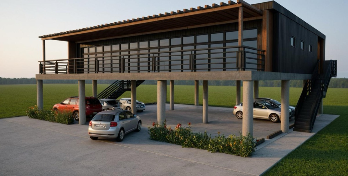 Elevated bar and lounge building on concrete piers