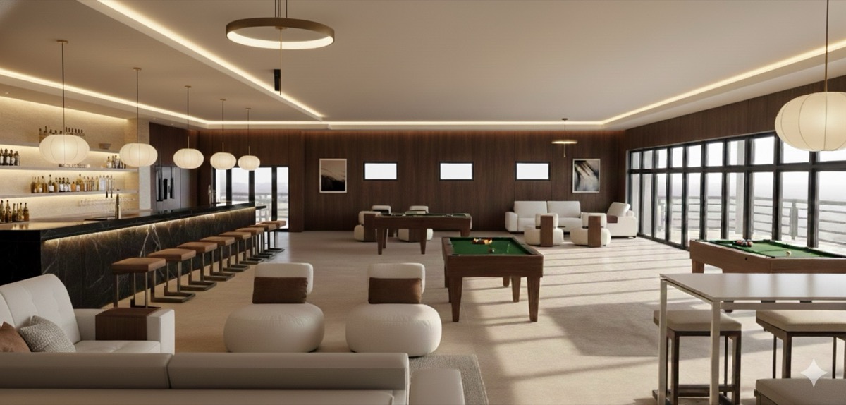 Bar interior with walnut panelling, pool tables, and marble bar