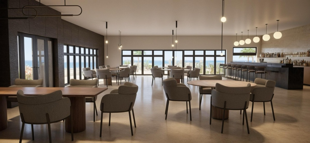 Main dining room with globe pendants and ocean views
