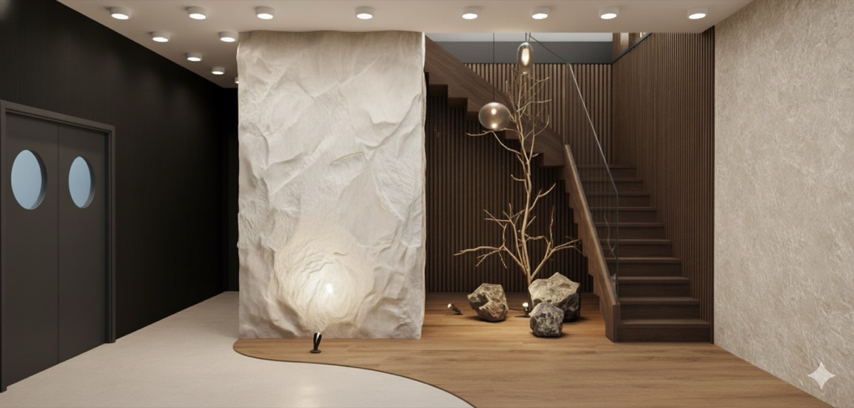 Restaurant entry with natural stone accent wall